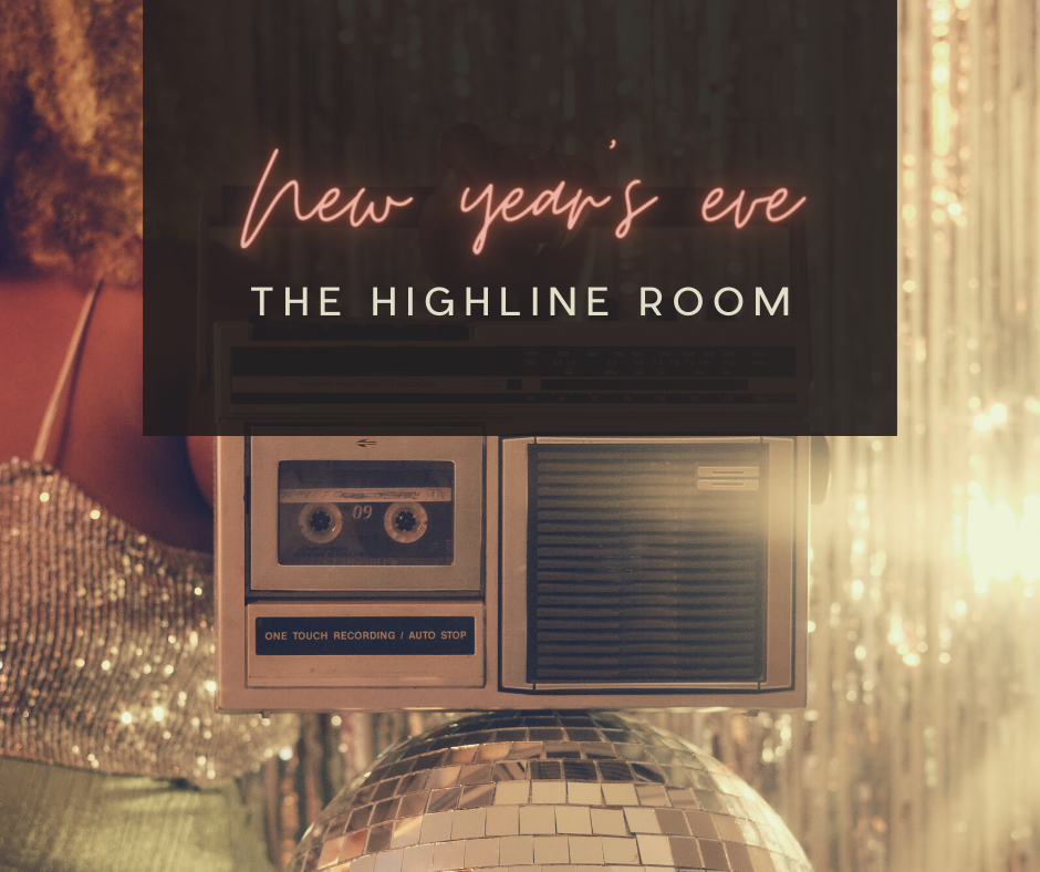 NYE Party banner with an image of a woman holding a boombox on top of a disco ball.